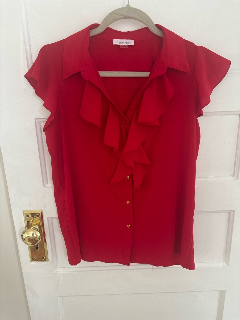 Calvin Klein Scarlet Red Ruffle Front Cap Sleeve Blouse